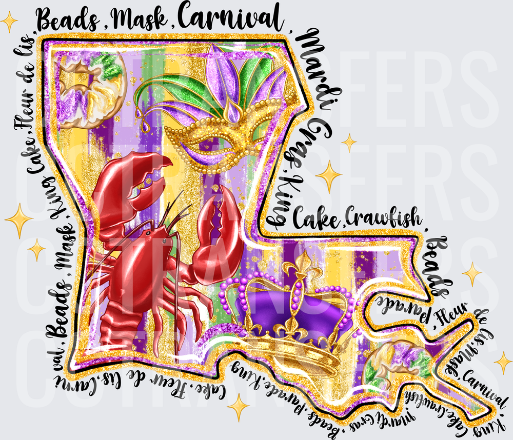 Louisiana State Shape Mardi Gras Beads Mask Crawfish Crown (DTF)