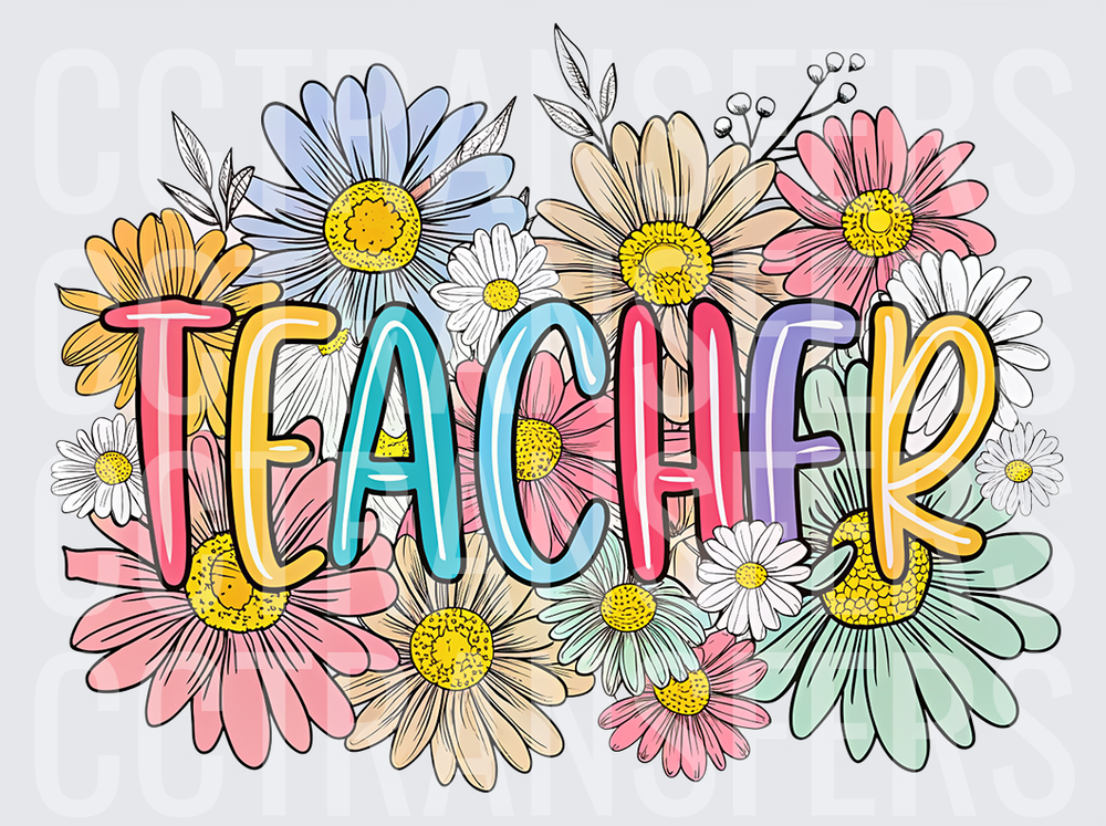 Colorful Floral Teacher Bold Letter Doodle Design (DTF)