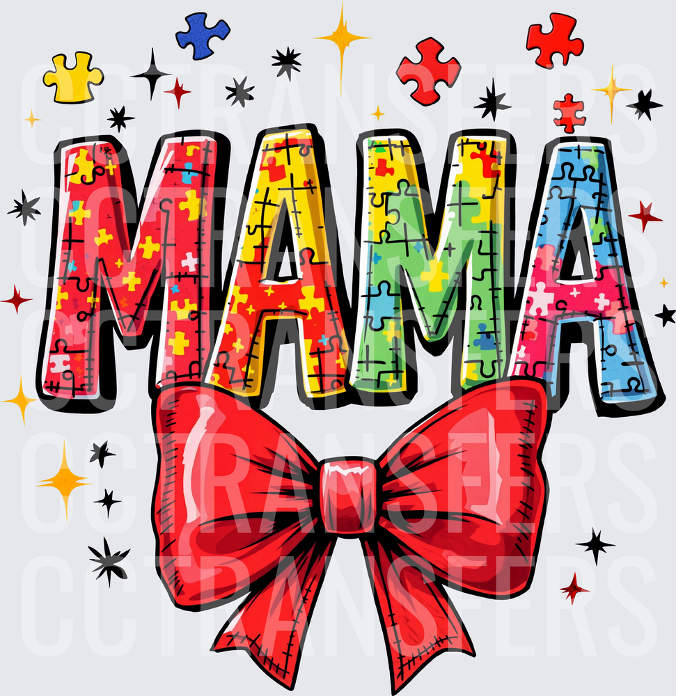 Colorful Puzzle Piece MAMA Letters Red Bow Autism (DTF)