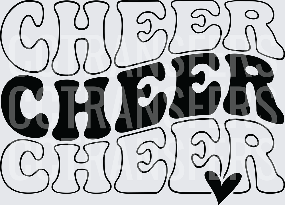 Retro Groovy Cheer Cheer Cheer Stacked Text With Heart (DTF)