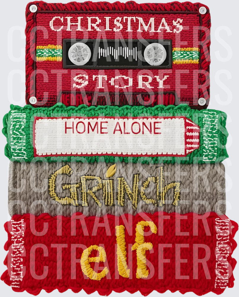 Embroidered Christmas Movies Cassette Tape Stack Holiday (DTF)