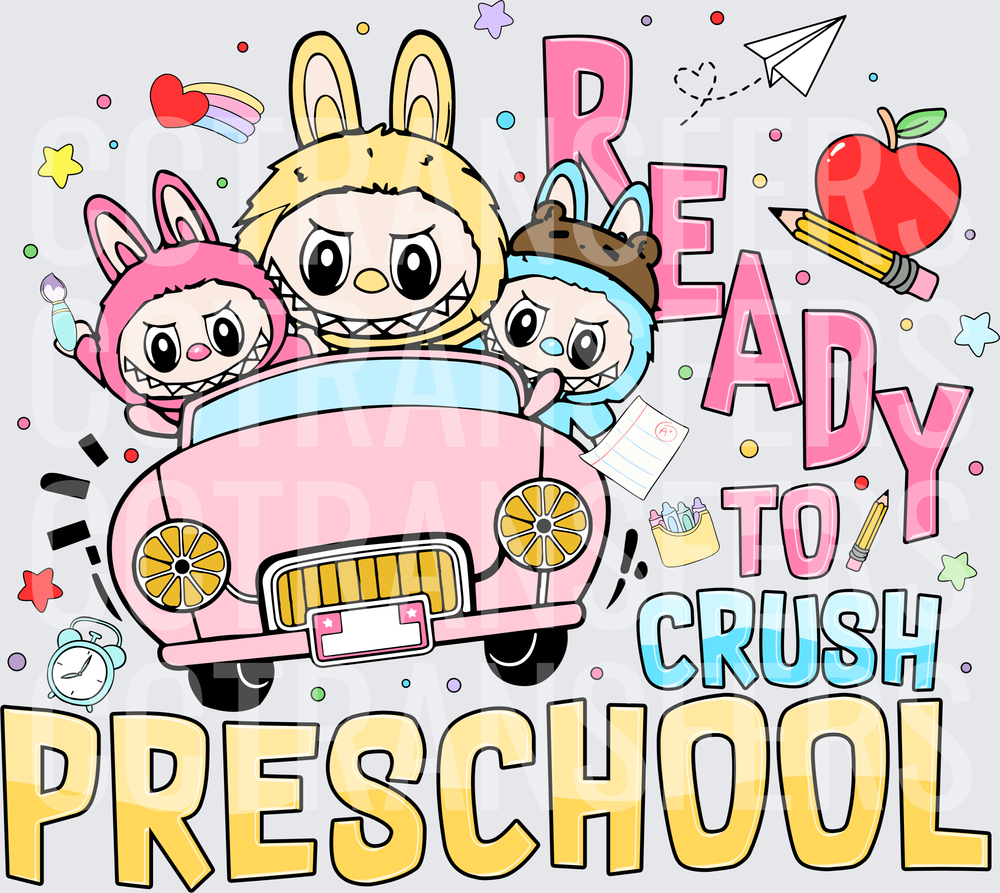 Ready To Crush Preschool Cute Monster Kids in Pink Car (DTF)