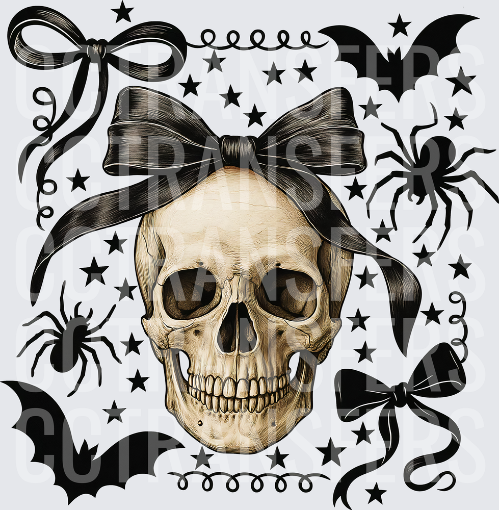 Skull With Black Bow Bats Spiders Stars Gothic Halloween (DTF)