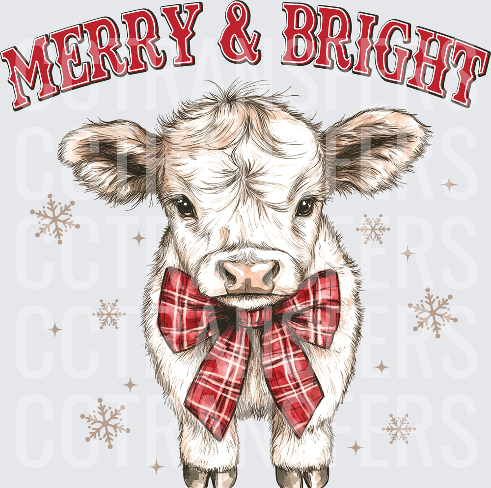 Merry & Bright Baby Cow Red Plaid Bow Snowflakes (DTF)
