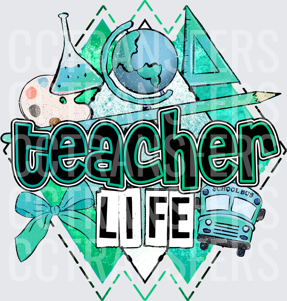 Teacher Life School Icons Teal Bow Globe Bus Design (DTF)