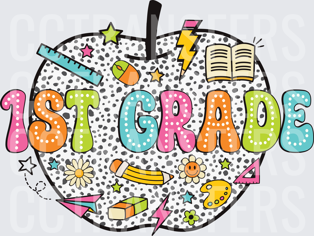 1st Grade Spotty Apple School Supplies Doodle (DTF)