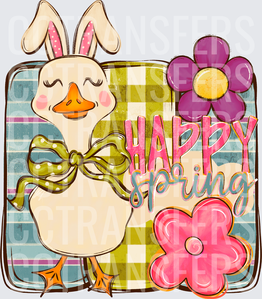 Happy Spring Bunny Ear Duck with Bow and Flowers (DTF)