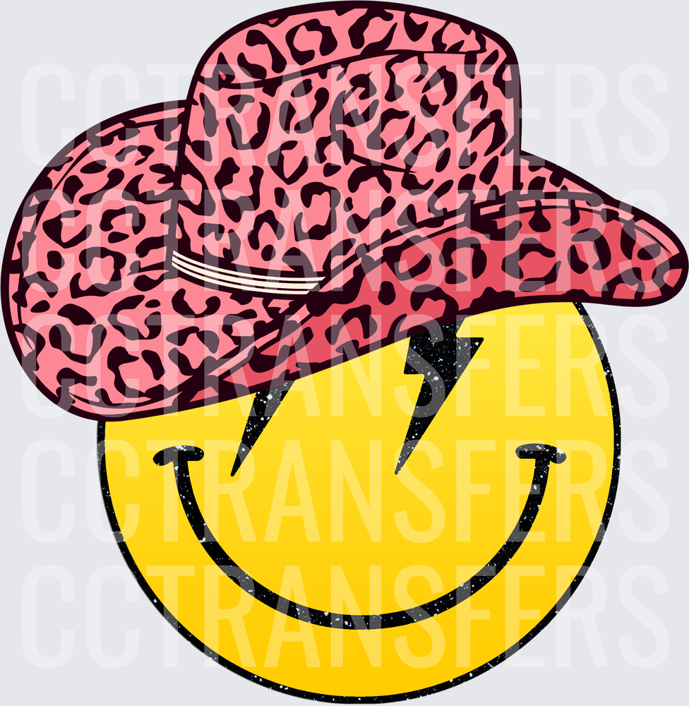 Pink Leopard Cowboy Hat Smiley Face Lightning Bolt (DTF)