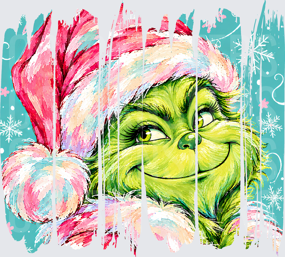 Smirking Green Furry Creature Santa Hat Snowflakes (DTF)