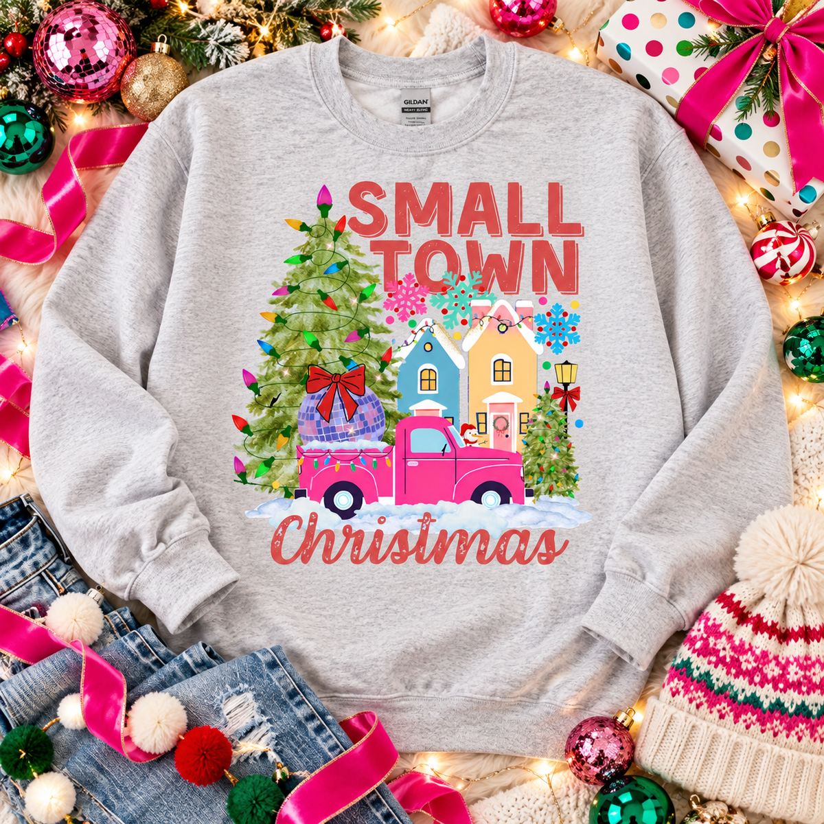 Small Town Christmas Pink Truck Disco Ball Snow Scene (DTF)