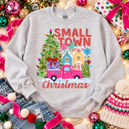 Small Town Christmas Pink Truck Disco Ball Snow Scene (DTF)