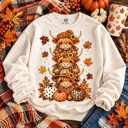 Stacked Fall Highland Cows Pumpkins Autumn Leaves (DTF)