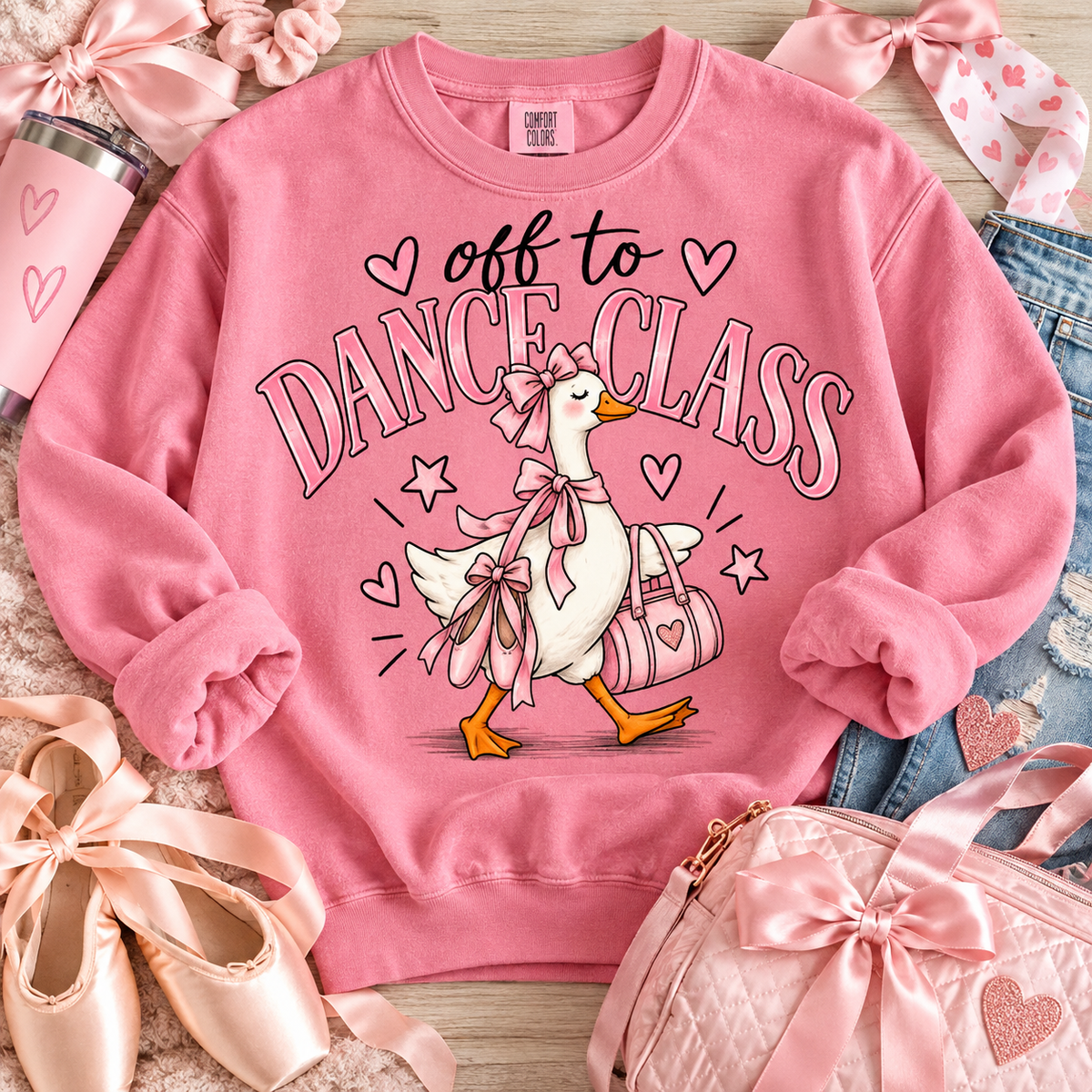 Off To Dance Class Cute Goose With Ballet Shoes Pink Bow (DTF)