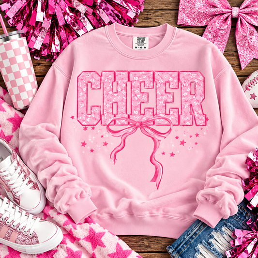 Pink Floral CHEER Bold Letters with Ribbon Bow and Stars (DTF)
