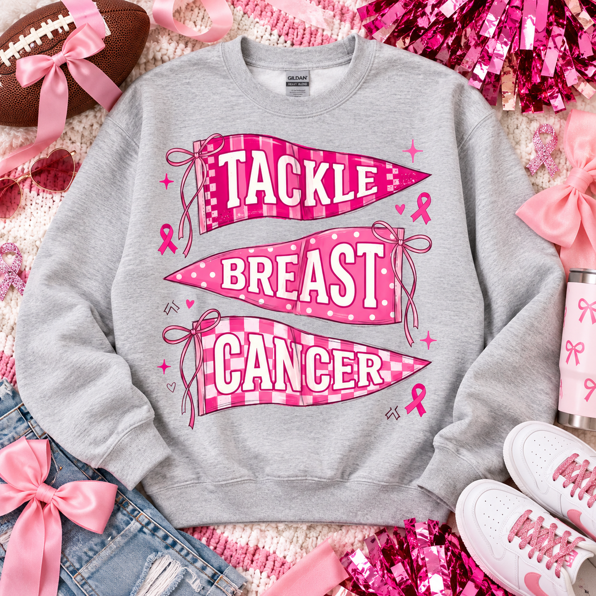 Tackle Breast Cancer Pink Pennant Flags with Ribbons (DTF)