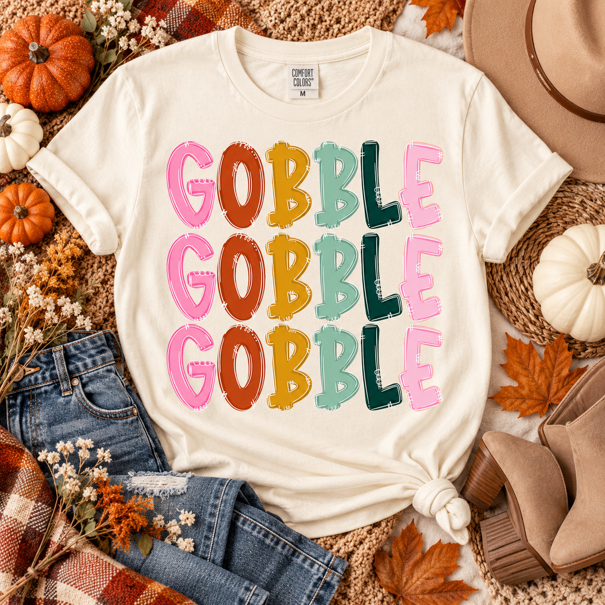 Gobble Gobble Gobble Colorful Stacked Typography (DTF)