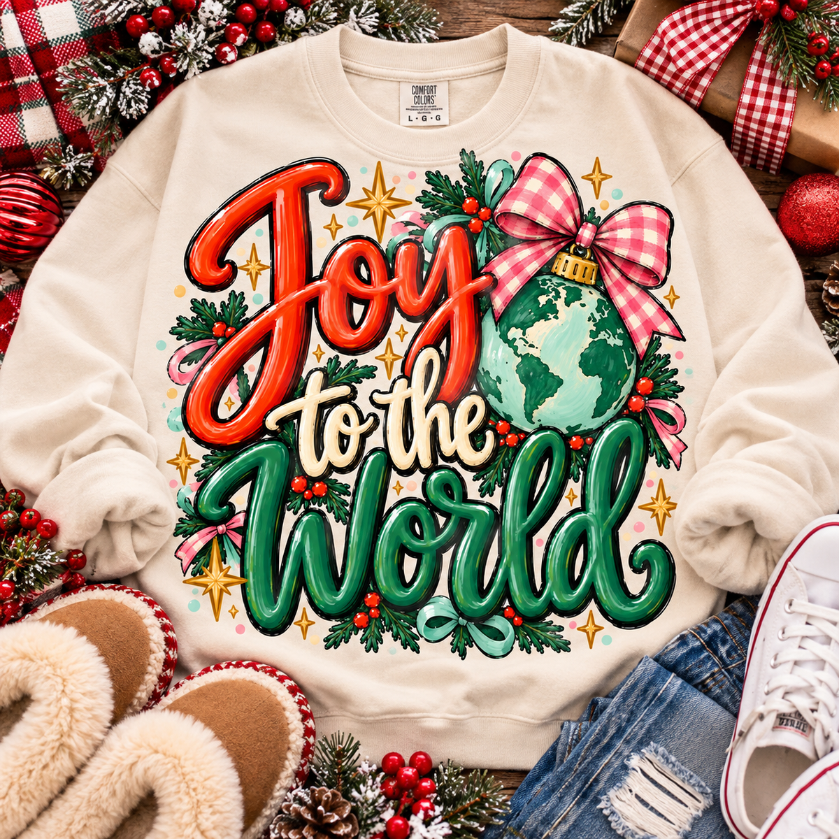 Joy to the World Globe Ornament Pink Bow Holly Christmas (DTF)