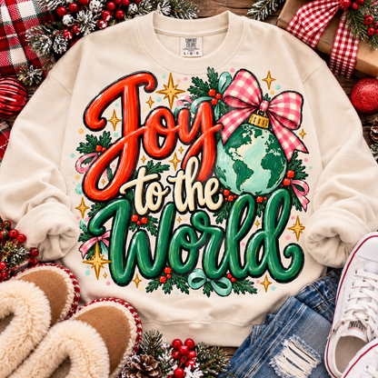 Joy to the World Globe Ornament Pink Bow Holly Christmas (DTF)