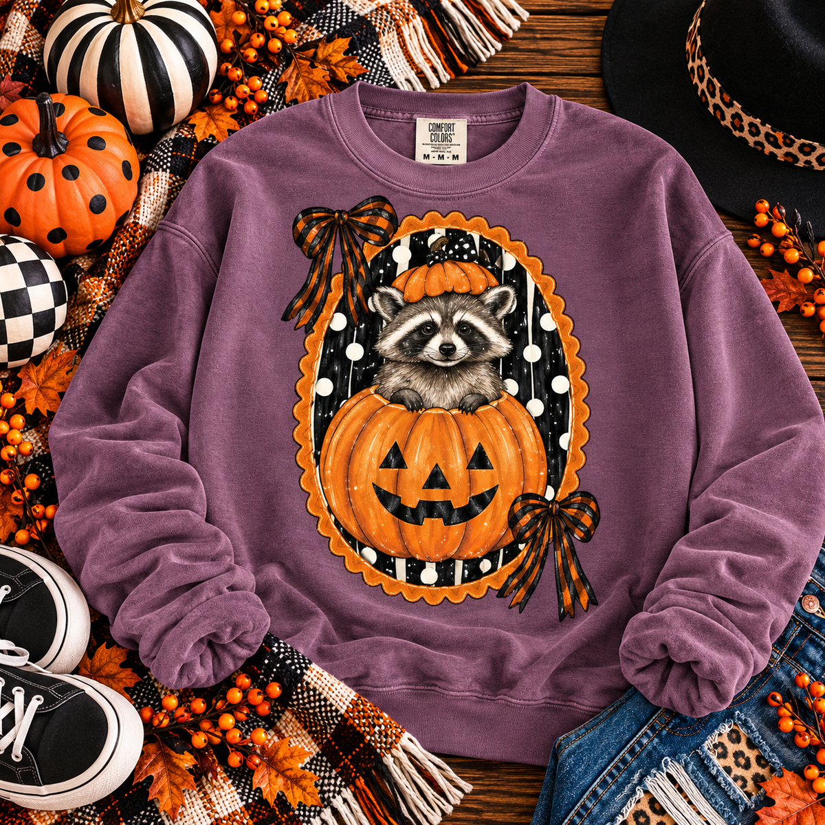 Cute Raccoon Sitting in Halloween Jack-O-Lantern Pumpkin (DTF)