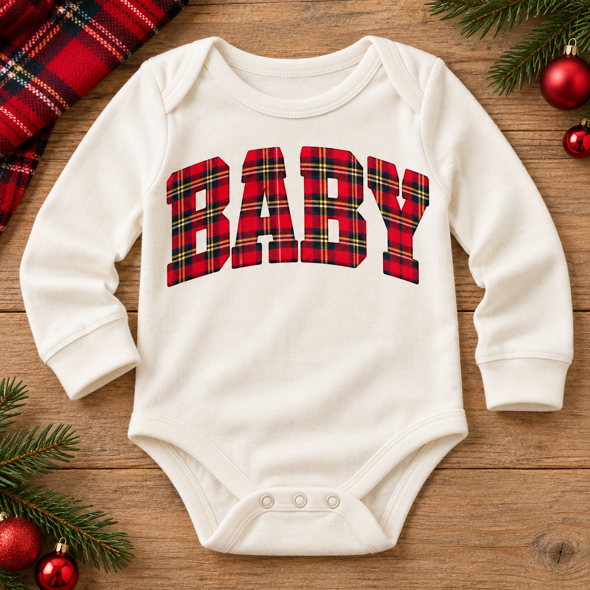 Red Plaid Arched BABY Bold Varsity Letters (DTF)