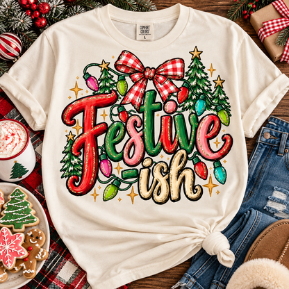 Festive-ish Christmas Trees Lights Bow Glitter Design (DTF)
