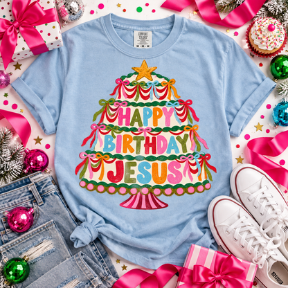 Happy Birthday Jesus Christmas Tree Cake with Bows (DTF)