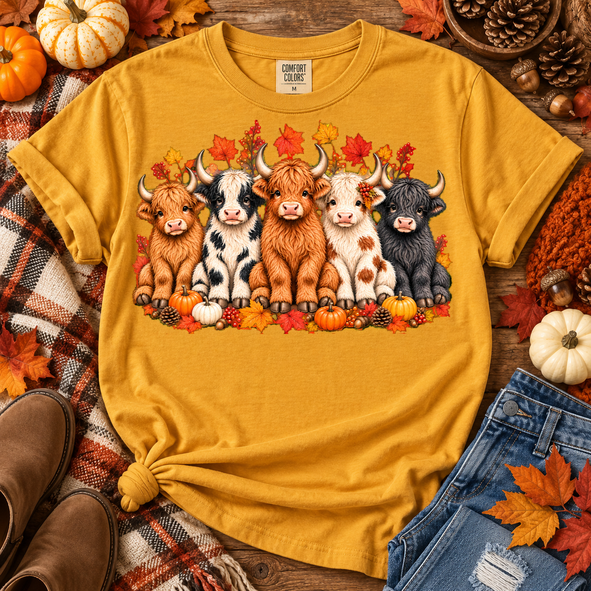 Cute Baby Highland Cows Fall Pumpkins Autumn Leaves (DTF)