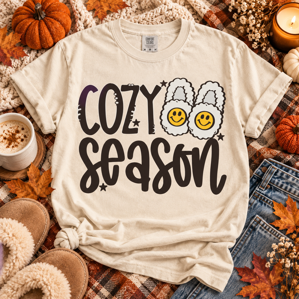 Cozy Season Smiley Face Fuzzy Slippers (DTF)