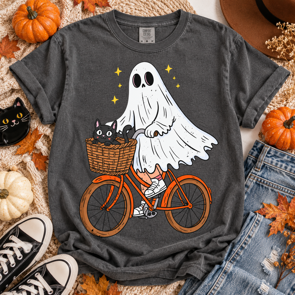Cute Ghost Riding Orange Bike with Black Cat in Basket (DTF)