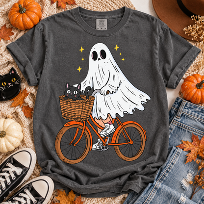 Cute Ghost Riding Orange Bike with Black Cat in Basket (DTF)