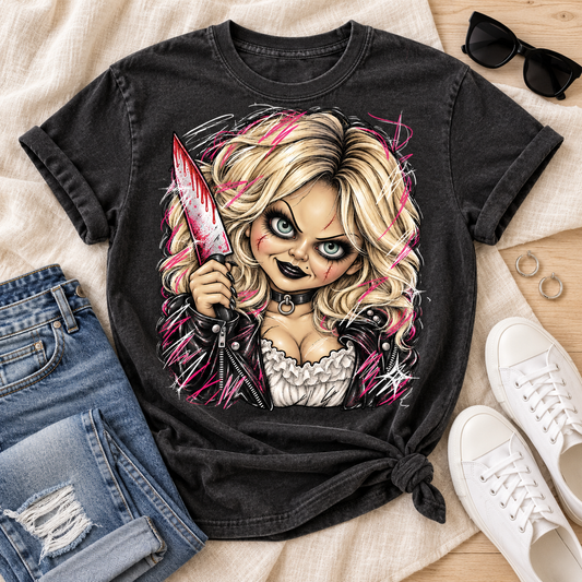 Creepy Blonde Doll Bloody Cleaver Pink Sketch Horror (DTF)