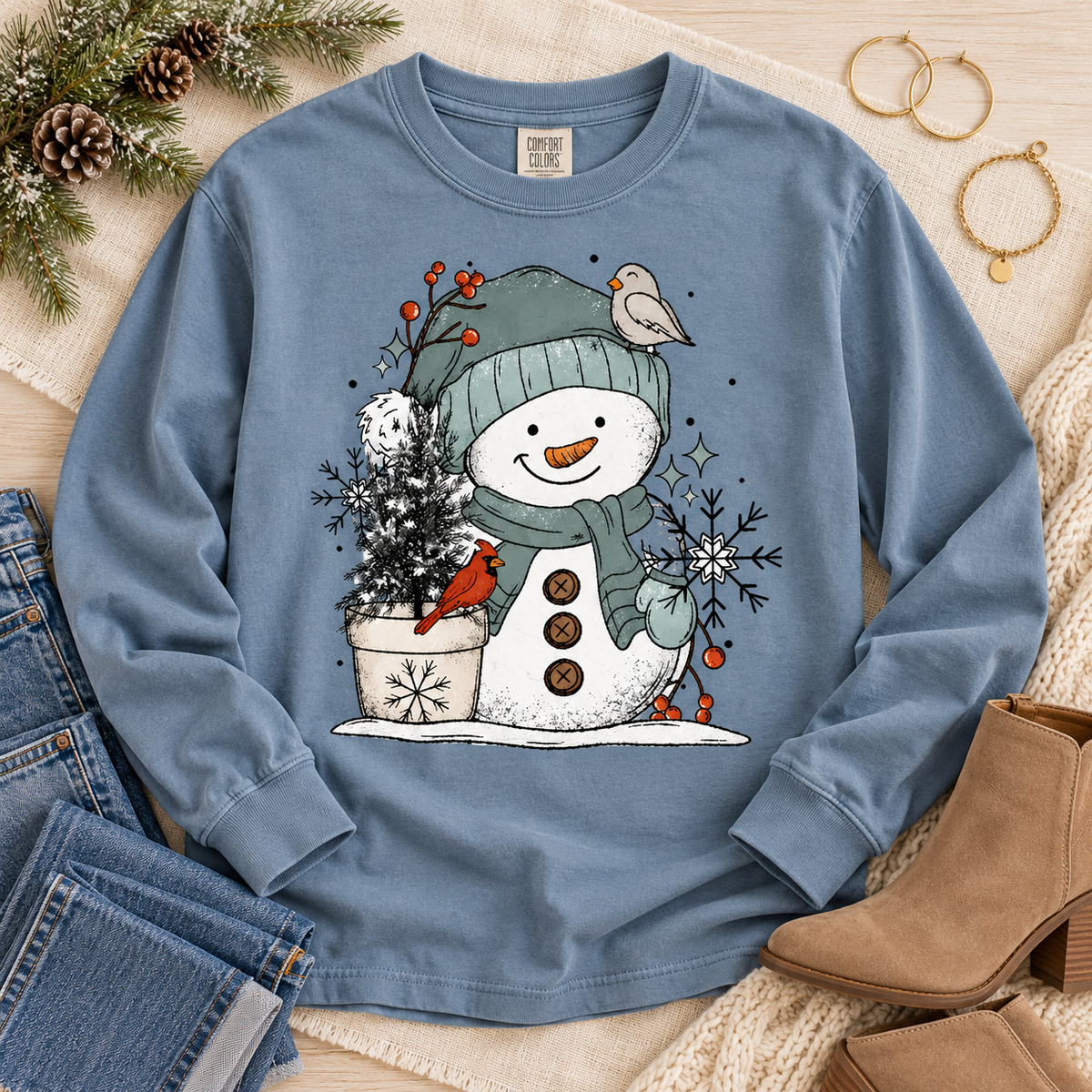 Cozy Snowman with Cardinal Bird and Winter Tree (DTF)