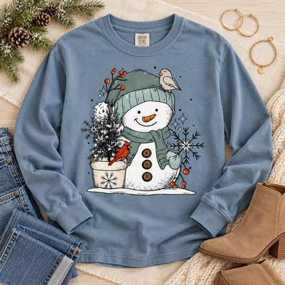 Cozy Snowman with Cardinal Bird and Winter Tree (DTF)