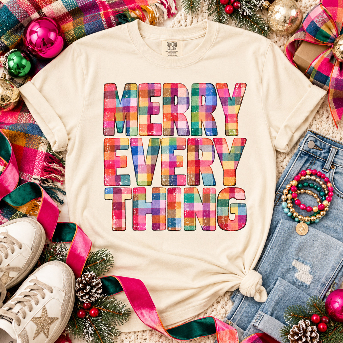 Merry Everything Colorful Plaid Patchwork Letters (DTF)