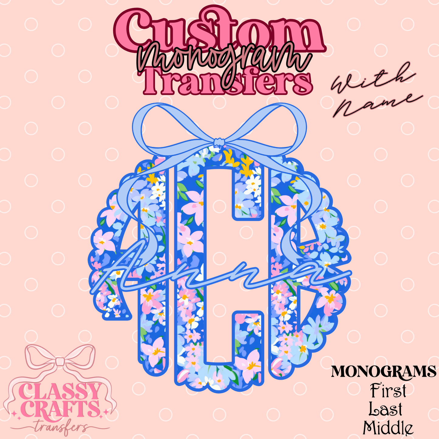 Blue Bow Floral - Custom Monogram Transfer