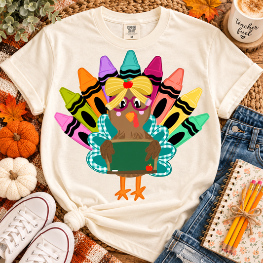 Thanksgiving Teacher Turkey with Crayons and Chalkboard (DTF)