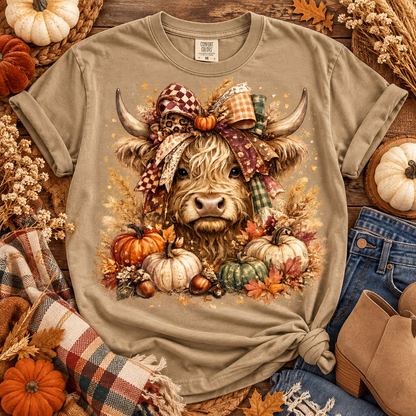 Fluffy Highland Cow Fall Bow Pumpkins Autumn Harvest (DTF)