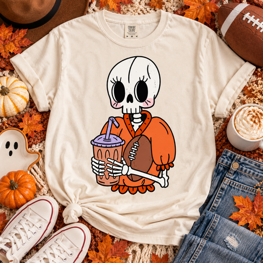Football Season Cute Skeleton Holding Football and Drink (DTF)