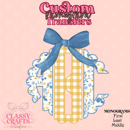 Yellow Gingham Floral- Custom Monogram Transfer