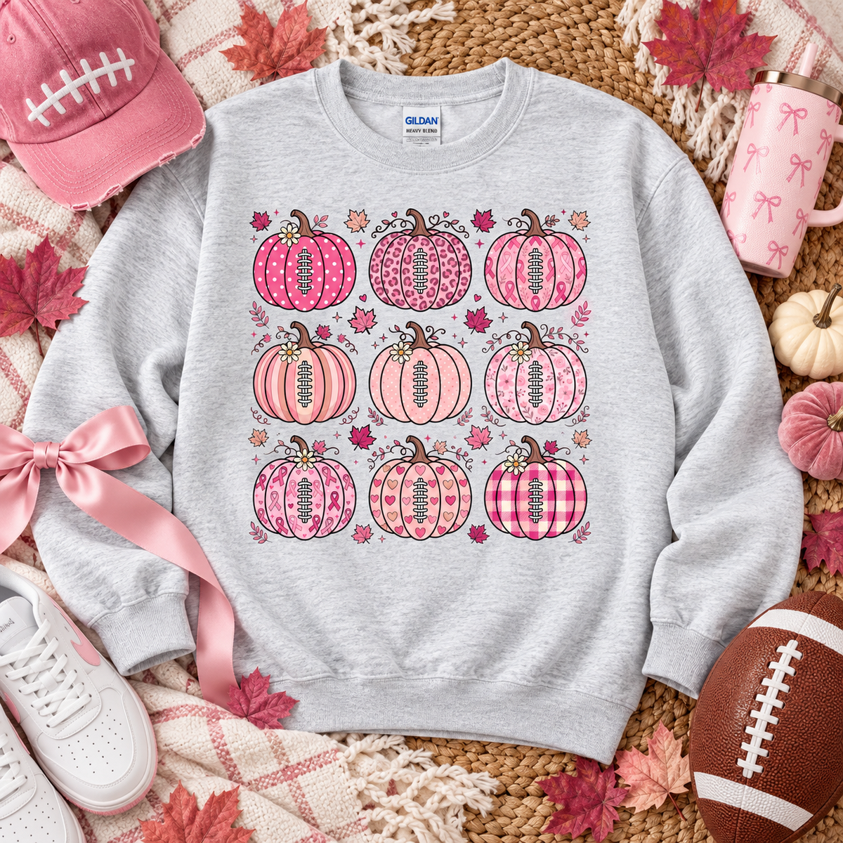 Pink Patterned Football Pumpkins Breast Cancer Awareness (DTF)
