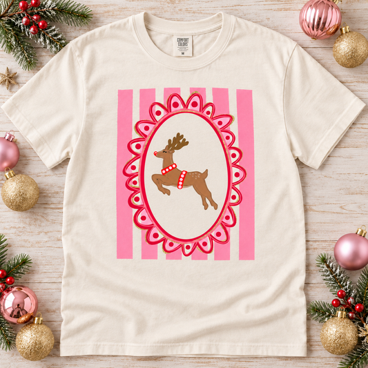 Pink Striped Leaping Reindeer Red Nose Oval Frame (DTF)