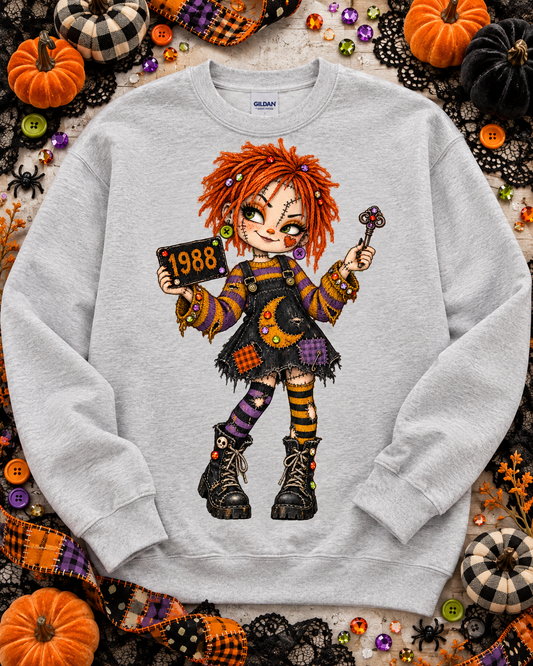 Spooky Rag Doll Girl 1988 Sign Skeleton Key Halloween (DTF)