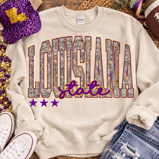 Louisiana State Camo Purple Gold Stars Distressed (DTF)