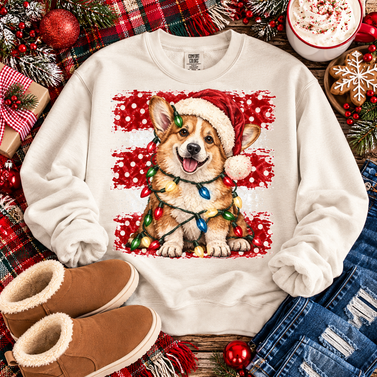 Corgi Santa Hat Wrapped in Christmas Lights Red Polka Dot (DTF)