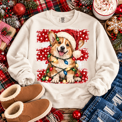 Corgi Santa Hat Wrapped in Christmas Lights Red Polka Dot (DTF)