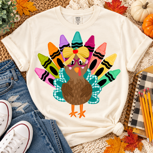 Cute Teacher Turkey with Crayon Feathers and Apple Bow (DTF)
