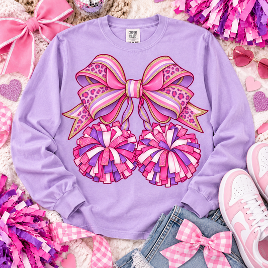 Pink Purple Leopard Cheer Bow with Glitter Pom Poms (DTF)