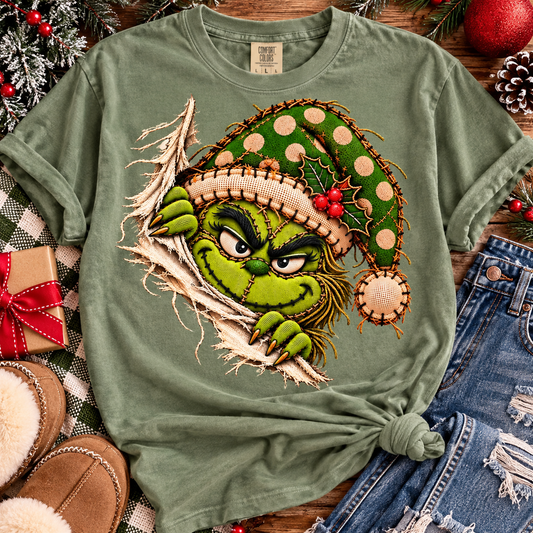 Grumpy Green G-Man Peeking Fabric Doll Christmas Hat (DTF)