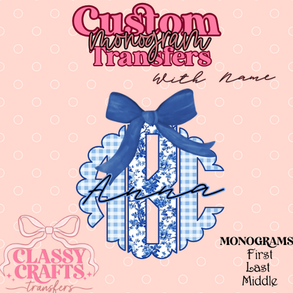 Blue Gingham Floral Plaid- Custom Monogram Transfer