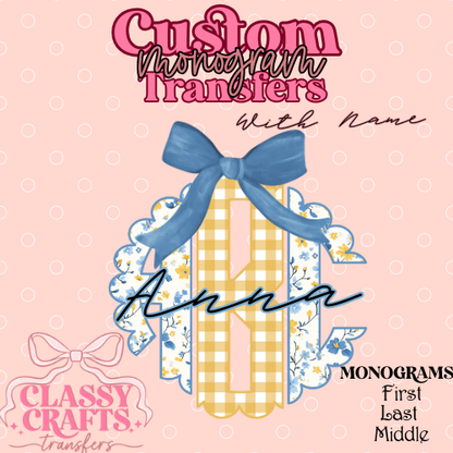 Yellow Gingham Floral- Custom Monogram Transfer